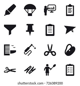 16 vector icon set : marker, parachute, presentation, clipboard, funnel, deltaplane, hotel, scissors, clothespin, woman with pipidaster, clipboard list