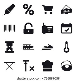 16 vector icon set : marker, percent, cart, sale, barcode, unlock, train, jet ski, thermometer, iron board, cook hat, soap