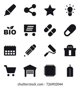 16 vector icon set : marker, share, star, bulb, bio, delivery, pencil, repair, garage, dry wash