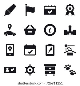 16 vector icon set : marker, flag, calendar, medal, car pointer, remove from basket, info, castle, check in, handwheel, nightstand, pets