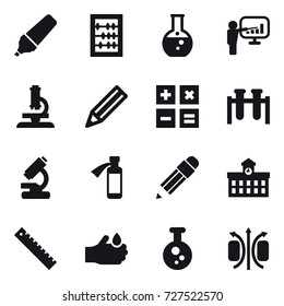 16 vector icon set : marker, abacus, round flask, presentation, microscope, pencil, calculator, university, ruler
