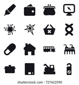 16 vector icon set : marker, wallet, purse, monitor arrow, chip, bang, delete cart, home, bus, pan, kitchen scales, harvester, do not distrub