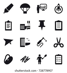 16 vector icon set : marker, parachute, presentation, rocket, clipboard, mall, deltaplane, hotel, scissors, clothespin, woman with pipidaster, clipboard list