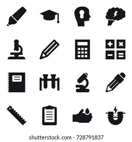 16 vector icon set : marker, graduate hat, bulb head, brain, microscope, pencil, calculator, copybook, ruler
