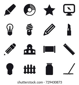 16 vector icon set : marker, circle diagram, star, monitor arrow, bulb, pencil, lipstick, mansion, fence, ruler, rake