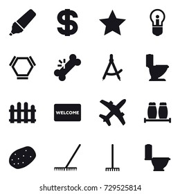 16 vector icon set : marker, dollar, star, bulb, hex molecule, draw compass, toilet, fence, welcome mat, rake