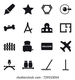 16 vector icon set : marker, star, hex molecule, cell corection, bone, draw compass, mansion, plan, fence, toaster, welcome mat, rake