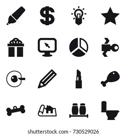 16 vector icon set : marker, dollar, bulb, star, gift, monitor arrow, diagram, satellite, cell corection, pencil, lipstick, chicken leg, bone, project, toilet