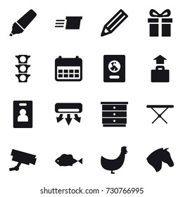 16 vector icon set : marker, delivery, pencil, gift, passport, baggage, identity card, air conditioning, chest of drawers, iron board, chicken, horse