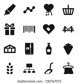 16 vector icon set : marker, graph, cardio chip, basket, gift, barcode, bridge, greenhouse, fridge, berry, spikelets, hierarchy, scoop, hanger