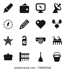 16 vector icon set : marker, wallet, monitor arrow, satellite antenna, lightning, pencil, heart, starfish, do not distrub, surveillance camera, pan, watering, broom, bucket