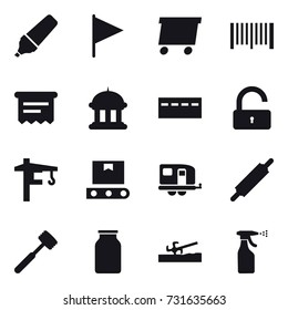 16 vector icon set : marker, flag, delivery, barcode, atm receipt, goverment house, bunker, unlock, tower crane, trailer, rolling pin, meat hammer, soil cutter, sprayer