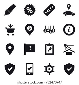 16 vector icon set : marker, percent, sale, car pointer, add to cart, dollar pin, info, mobile checking, handwheel