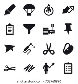 16 vector icon set : marker, parachute, rocket, up down arrow, clipboard, funnel, mall, deltaplane, scissors, clothespin, woman with pipidaster, clipboard list