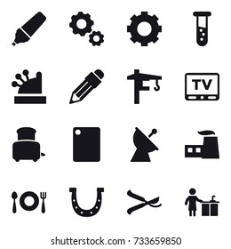 16 vector icon set : marker, gear, vial, cashbox, pencil, tower crane, tv, toaster, cutting board, satellite antenna, horseshoe, pruner, kitchen cleaning