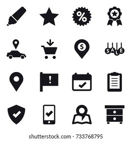 16 vector icon set : marker, star, percent, medal, car pointer, add to cart, dollar pin, sale, mobile checking, map, nightstand