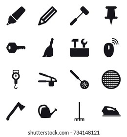 16 vector icon set : marker, pencil, key, broom, repair tools, handle scales, garlic clasp, skimmer, axe, watering can, rake, iron