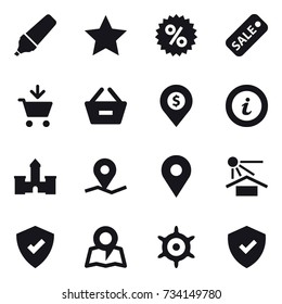 16 vector icon set : marker, star, percent, sale, add to cart, remove from basket, dollar pin, info, castle, map, handwheel