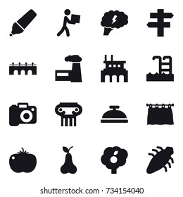 16 vector icon set : marker, courier, brain, singlepost, bridge, factory, pool, camera, antique column, service bell, curtain, pear, garden, bug