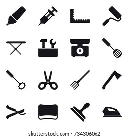 16 vector icon set : marker, ruler, repair, iron board, repair tools, kitchen scales, whisk, scissors, fork, axe, pruner, sponge, scraper, iron