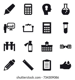 16 vector icon set : marker, calculator, bulb head, round flask, presentation, electrostatic, university, school, pencil, ruler