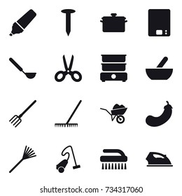 16 vector icon set : marker, nail, pan, kitchen scales, ladle, scissors, mortar, fork, rake, wheelbarrow, eggplant, vacuum cleaner, brush, iron