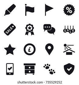 16 vector icon set : marker, flag, percent, sale, medal, discussion, star, info, mobile checking, nightstand, pets