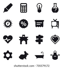 16 vector icon set : marker, calculator, bulb, round flask, sun power, percent, atm receipt, tv, arch, signpost, heart pendant, rabbit, bath, apron