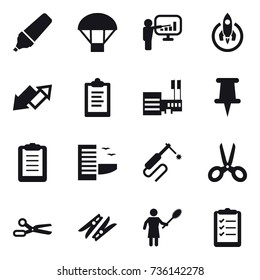 16 vector icon set : marker, parachute, presentation, rocket, up down arrow, clipboard, mall, hotel, scissors, clothespin, woman with pipidastr, clipboard list