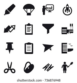 16 vector icon set : marker, parachute, presentation, rocket, up down arrow, clipboard, funnel, mall, deltaplane, hotel, scissors, clothespin, woman with pipidaster