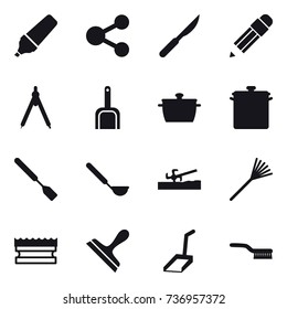 16 vector icon set : marker, share, pencil, drawing compass, scoop, pan, spatula, ladle, soil cutter, rake, sponge, scraper, brush