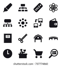 16 vector icon set : marker, hierarchy, sale, atom, structure, round around, notebook connect, wallet, copybook, barn, bridge, inspector, cart