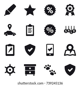 16 vector icon set : marker, star, percent, medal, car pointer, clipboard, sale, mobile checking, map, handwheel, nightstand, pets