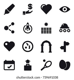 16 vector icon set : marker, investment, heart, eye, molecule, rocket, sun power, lunar rover, arch, baggage, tennis
