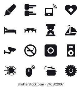 16 vector icon set : marker, diagram, notebook wireless, bridge, sail boat, surveillance, no smoking, ring button, speaker, steam pan, flower