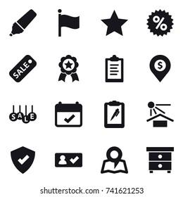16 vector icon set : marker, flag, star, percent, sale, medal, clipboard, dollar pin, check in, map, nightstand