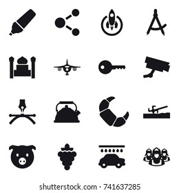 16 vector icon set : marker, molecule, rocket, draw compass, minaret, plane, key, kettle, soil cutter, pig, grape, car wash, outsource