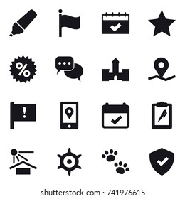 16 vector icon set : marker, flag, calendar, star, percent, discussion, castle, handwheel, pets