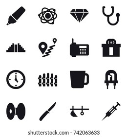 16 vector icon set : marker, atom, diamond, pyramid, watch, fence, cup, knife, plow, syringe