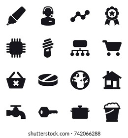 16 vector icon set : marker, call center, graph, medal, chip, bulb, structure, cart, delete cart, home, water tap, key, pan, foam bucket