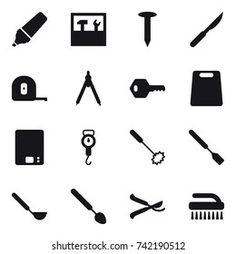 16 vector icon set : marker, tools, nail, measuring tape, drawing compass, key, cutting board, kitchen scales, handle scales, whisk, spatula, ladle, big spoon, pruner, brush