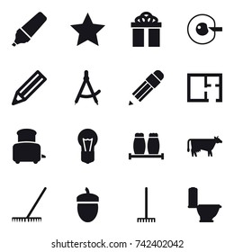 16 vector icon set : marker, star, gift, cell corection, pencil, draw compass, plan, toaster, cow, rake, acorn, toilet