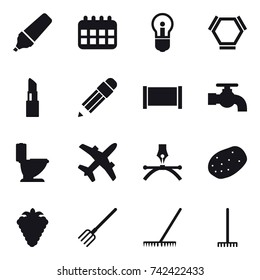 16 vector icon set : marker, calendar, bulb, hex molecule, lipstick, pencil, fence, water tap, toilet, berry, fork, rake