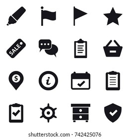 16 vector icon set : marker, flag, star, sale, discussion, clipboard, remove from basket, dollar pin, info, handwheel, nightstand