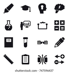 16 vector icon set : marker, graduate hat, bulb head, brain, round flask, presentation, electrostatic, calculator, copybook, school, pencil, ruler