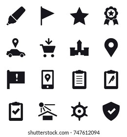 16 vector icon set : marker, flag, star, medal, car pointer, add to cart, castle, handwheel