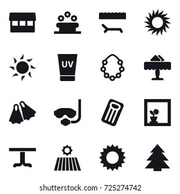 16 vector icon set : market, flower bed, lounger, sun, uv cream, hawaiian wreath, restaurant, flippers, diving mask, inflatable mattress, flower in window, table, field, spruce