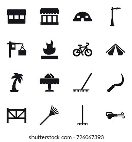 16 vector icon set : market, dome house, outdoor light, bike, tent, palm, restaurant, rake, sickle, farm fence, blower