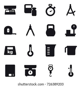 16 vector icon set : market scales, scales weight, stopwatch, draw compass, measuring tape, drawing compass, thermometer, measuring cup, kitchen scales, handle scales