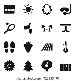 16 vector icon set : market, sun, hawaiian wreath, diving mask, tennis, golf, palm hammock, table, slippers, berry, field, thermometer, flower, spruce, garden, clean  window
